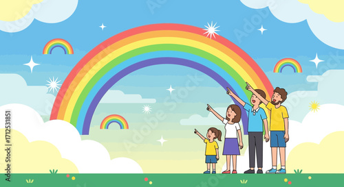 Family Appreciating Colorful Sky and Rainbow with Clouds Over Beautiful Green Field