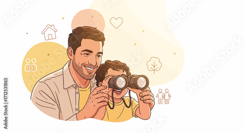 Father And Son Enjoying Nature With Binoculars Observing The World Together Alone
