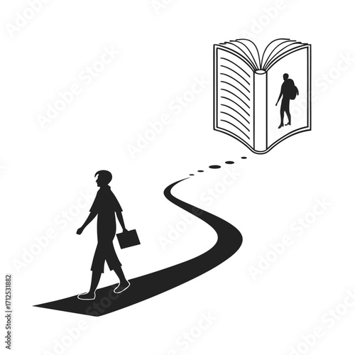 The metaphorical path to education and discovery, a silhouette of a student's progress towards the wisdom contained within a storybook