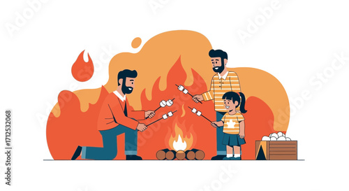 Family Bonding Roasting Marshmallows Over Campfire During Evening Fun Activity Scene
