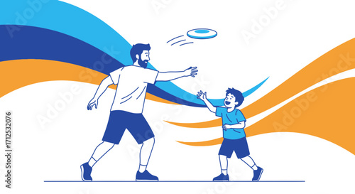 Father And Son Playing Frisbee Together Outdoors For Summertime Fun And Bonding Activity