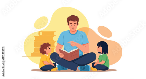 Father Reading Storybook With Children During Storytime Session Or Family Activity