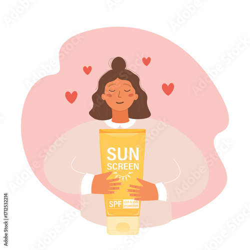 Woman embracing sunscreen lotion with eyes closed and hearts floating around her