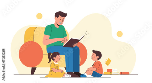 Father Reads Story To Children, Enjoying Quality Time During Quiet Reading Time