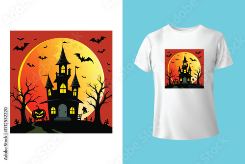 Black t shirt featuring a spooky halloween moon and bats design