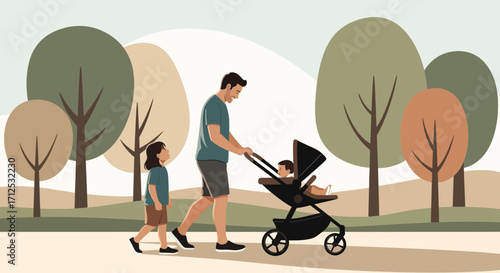 Father Strolls In Park With Children, Pushing Baby Stroller Along Pathway In Nature