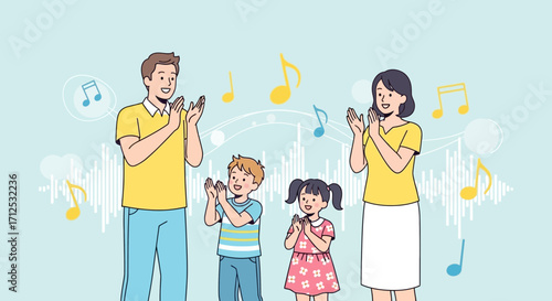 Family Clapping Together, Energetic, Happy, Joyous, Appreciative, Music Lovers Concept Illustration