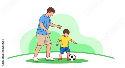 Father Teaches His Son Soccer In A Sunny Park, Family Fun Time Illustrated