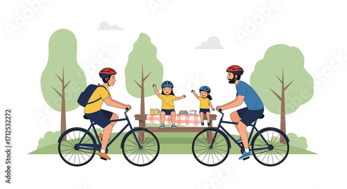 Family Cycling Leisure Day Picnic Near Park With Happy Parents And Children