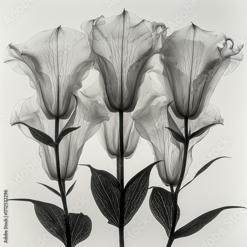 Elegant Transparent Bellflower Flowers in Black and White Botanical Art