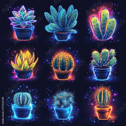 Neon Glowing Potted Cacti and Succulents Collection on Dark Background