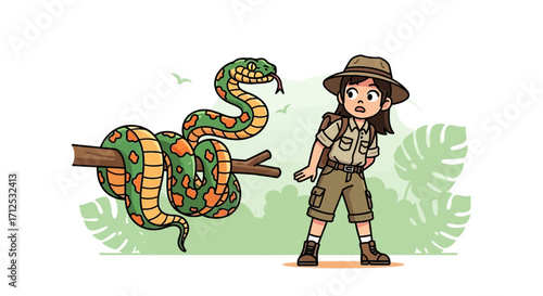 Fearful Explorer Confronts a Large Snake in the Jungle, Shocked and Startled