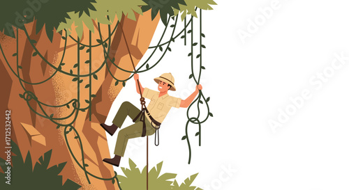 Fearless Explorer Navigating Lush Jungle Terrain with Determination and Skill