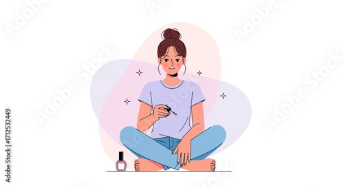 Female Applying Nail Polish While Seated In A Relaxed Position Doing Personal Grooming