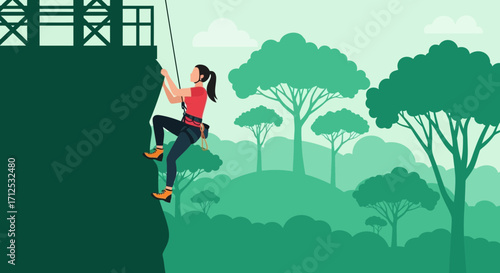 Female Climber Ascends High Cliff Face, Overcoming Challenges and Reaching New Heights