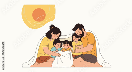 Family Embracing Under Blanket, Symbolizing Warmth, Togetherness And Parental Affection