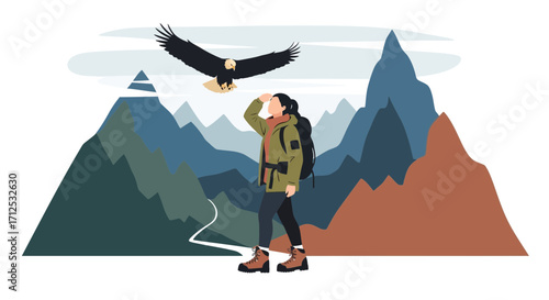 Female Hiker Gazing at a Soaring Eagle Against a Mountainous Backdrop View