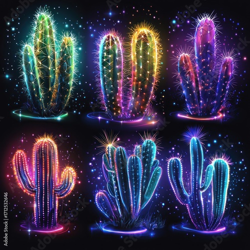 Neon Cactus Plants Glowing Against Dark Starry Background - Vibrant Desert Art