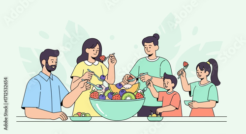 Family Enjoying a Colorful Fruit Salad Together in a Healthy and Happy Lifestyle