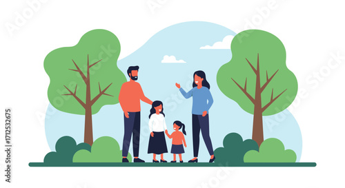 Family Enjoying A Day Outside Surrounded By Trees, A Beautiful Summer Scene Displayed