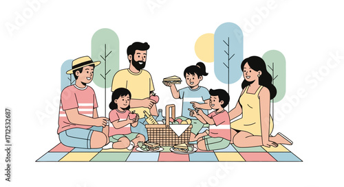 Family Enjoying A Delicious Picnic Together, Perfect For Outdoor Leisure And Relaxation