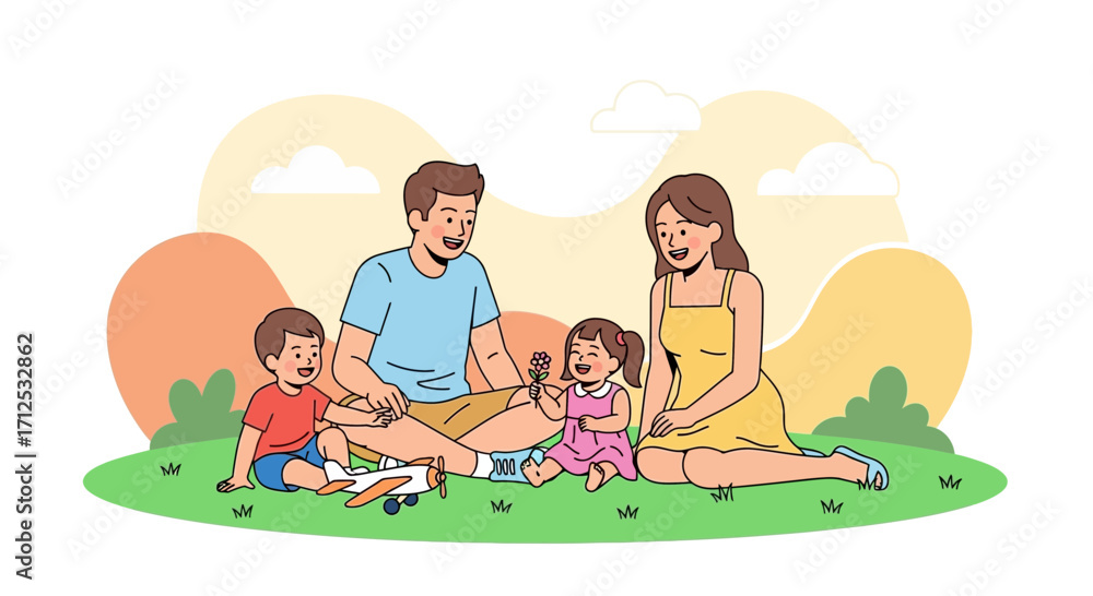 Naklejka premium Family Enjoying A Sunny Day Together, Relaxing And Playing Outside In Nature
