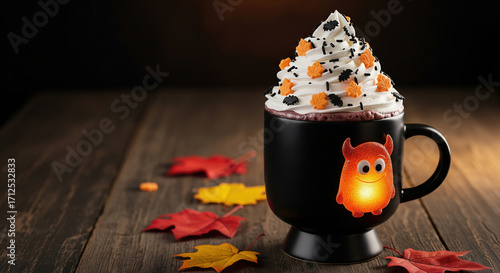 Cute Halloween hot chocolate topped with whipped cream and a glowing monster decoration.