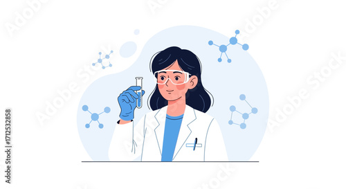 Female Scientist Conducting Research in Laboratory, Working with Chemistry Elements Illustrated