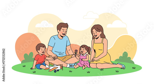 Family Enjoying A Sunny Day Together, Relaxing And Playing Outside In Nature