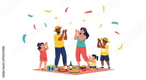 Family Enjoying Festive Celebration with Picnic and Confetti in a Joyful Atmosphere