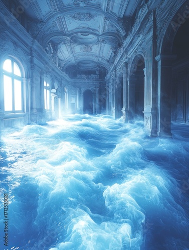 Water Flowing Through an Ornate Hallway Creates Surreal Interior Scene