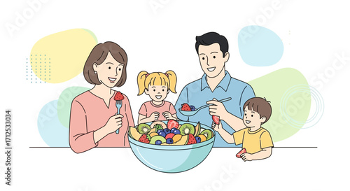 Family Enjoying Fresh Fruit Salad Together Emphasizing Healthy Eating and Lifestyle