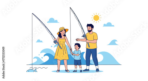 Family Enjoying Fishing Together Creating Fun Moments Under the Summer Sun