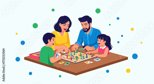 Family Enjoying Fun Board Game Together, Playing, Smiling, Having Recreation Time