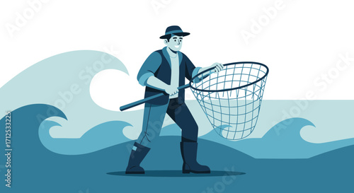 Fisherman Attempts To Catch Something With A Net In The Middle Of The Ocean