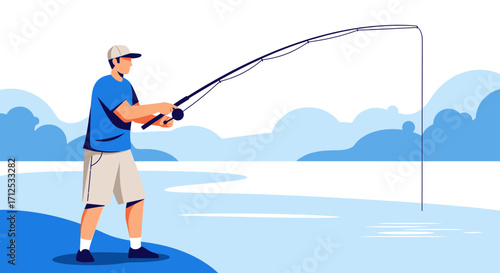 Fisherman Casting A Line Awaiting Patiently In Aquatic Environment For Serene Catch