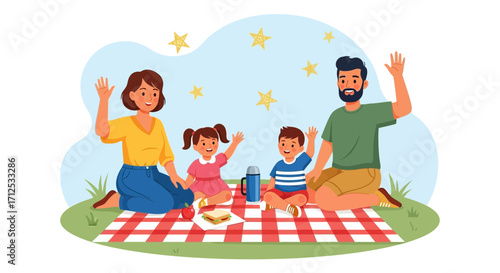 Family Enjoying Picnic Outdoors With Children, Together, waving Hands, And Smiling