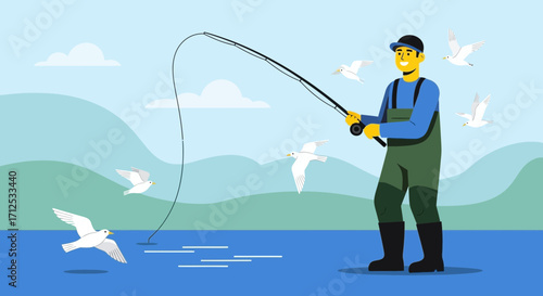 Fisherman Casting Rod In Waters With Flying Seabirds During A Sunny Day Outing Fun