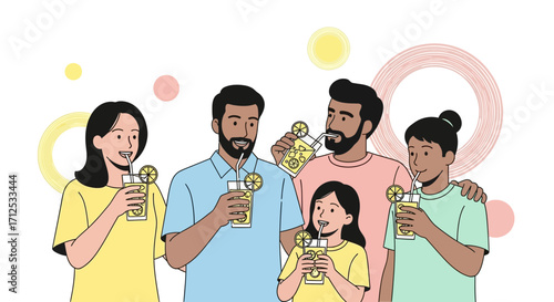 Family Enjoying Refreshing Drinks, Smiling And Bonding In Summer Time With Drinks