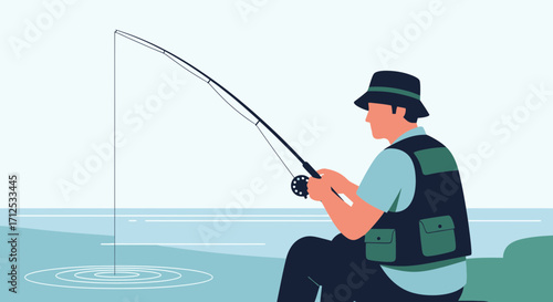Fisherman Casting Rod And Reel, Sitting On Lake And Enjoying Recreational Activity Scene