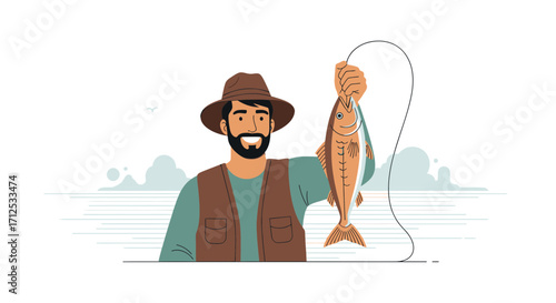 Fisherman Displays A Fish Caught In The Water, Happy And Proud, Vector Illustration