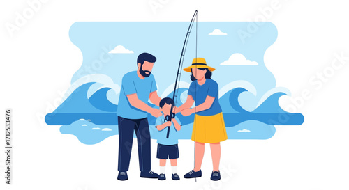 Family Enjoying Seaside Fishing Together, Creating Precious Moments, Happy Parents And Child