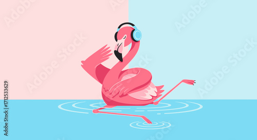 Flamingo Enjoying Music Wearing Headphones In Blue Water and Pink Background