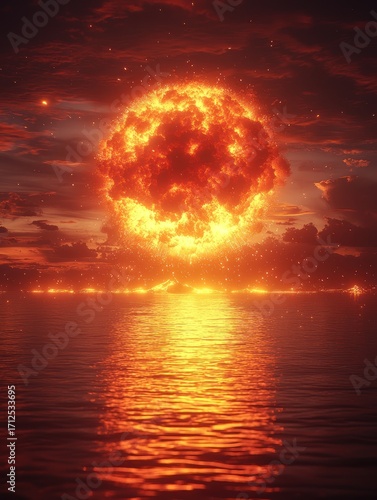 Fiery Sun Over Ocean Creating Dramatic Reflection on Water Surface