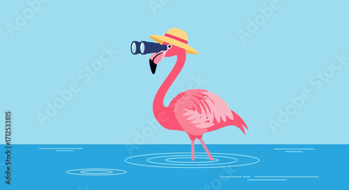 Flamingo With Binoculars and Hat Surveys the Horizon in Aquatic Scene