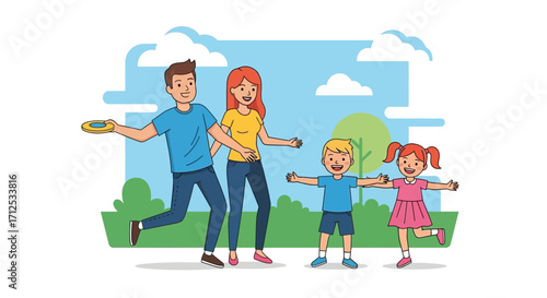 Family Fun In The Park Playing With Frisbee, Joyful Outdoor Leisure Time Together