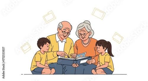 Family Gathered Together, Illustrating A Cherished Moment Of Sharing Memories Through A Photo Album