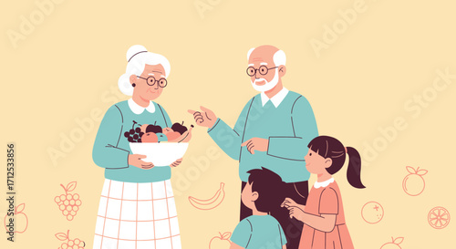 Family Gathering: Elders Presenting Fresh Fruits to The Youngsters In A Vibrant Setting