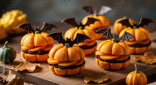 Cute Halloween pumpkin sandwich desserts with chocolate bat toppers for a festive autumn party.