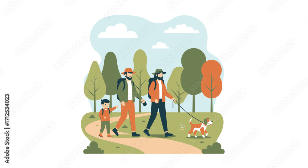 Fototapeta premium Family Hiking Together on a Peaceful Trail with Their Friendly Dog Enjoying Nature's Bounty